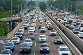 Heavy traffic congestion on a multi-lane highway